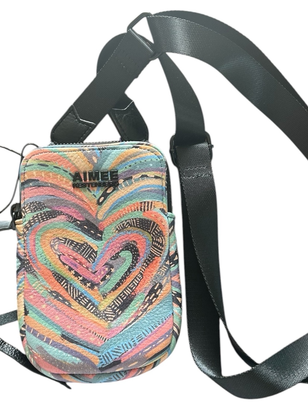 Aimee Kestenberg Leather Milan Phone Crossbody Bag Heart Print Stadium Purse - Picture 1 of 5